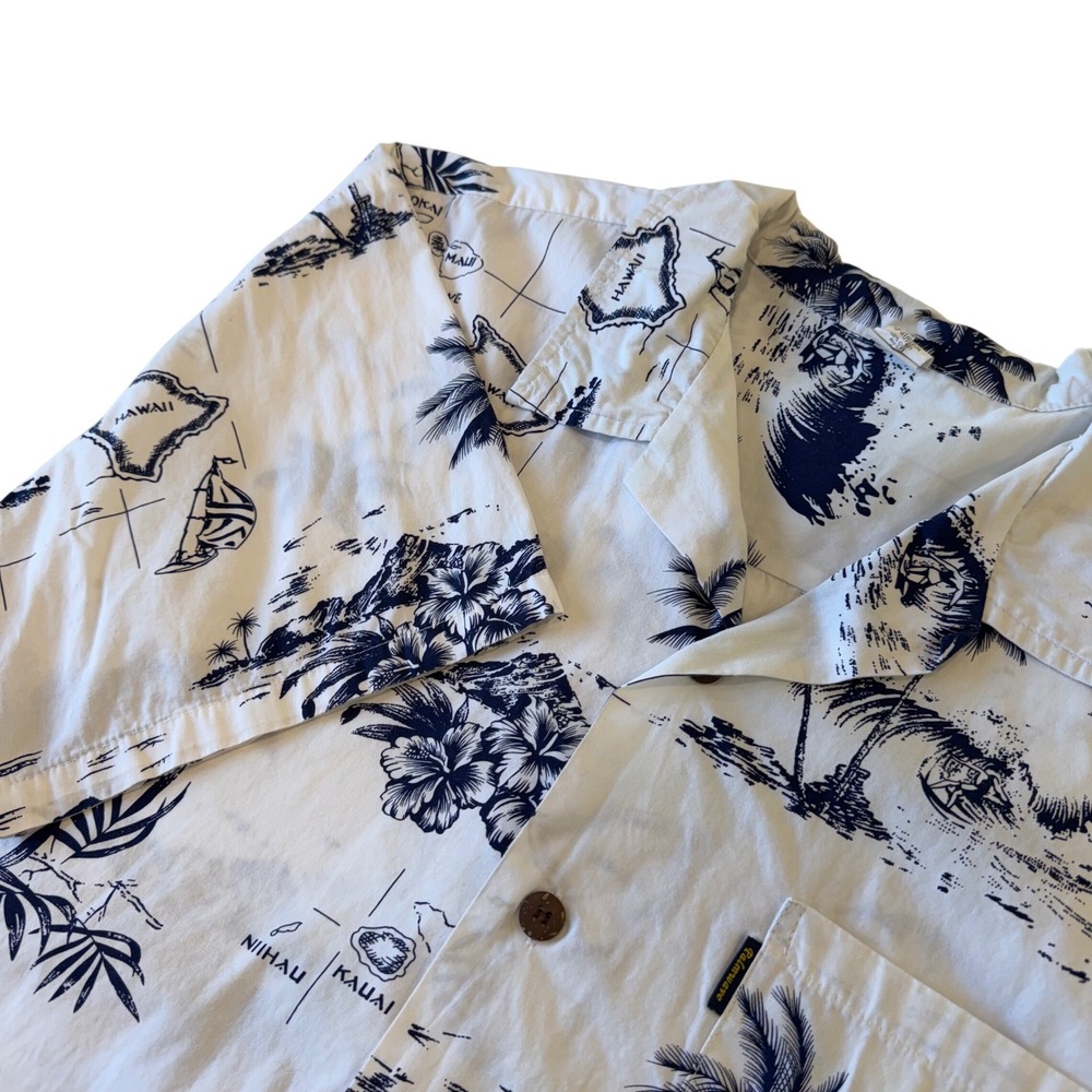Palmwave Hawaiian Campshirt White Navy 2XL Tropical Map 100% Cotton Button Down
